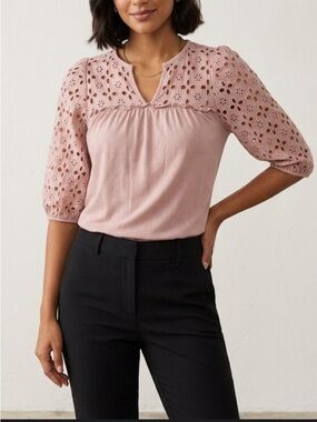 Anthropologie Dusty Rose Eyelet Puff-Sleeve Blouse